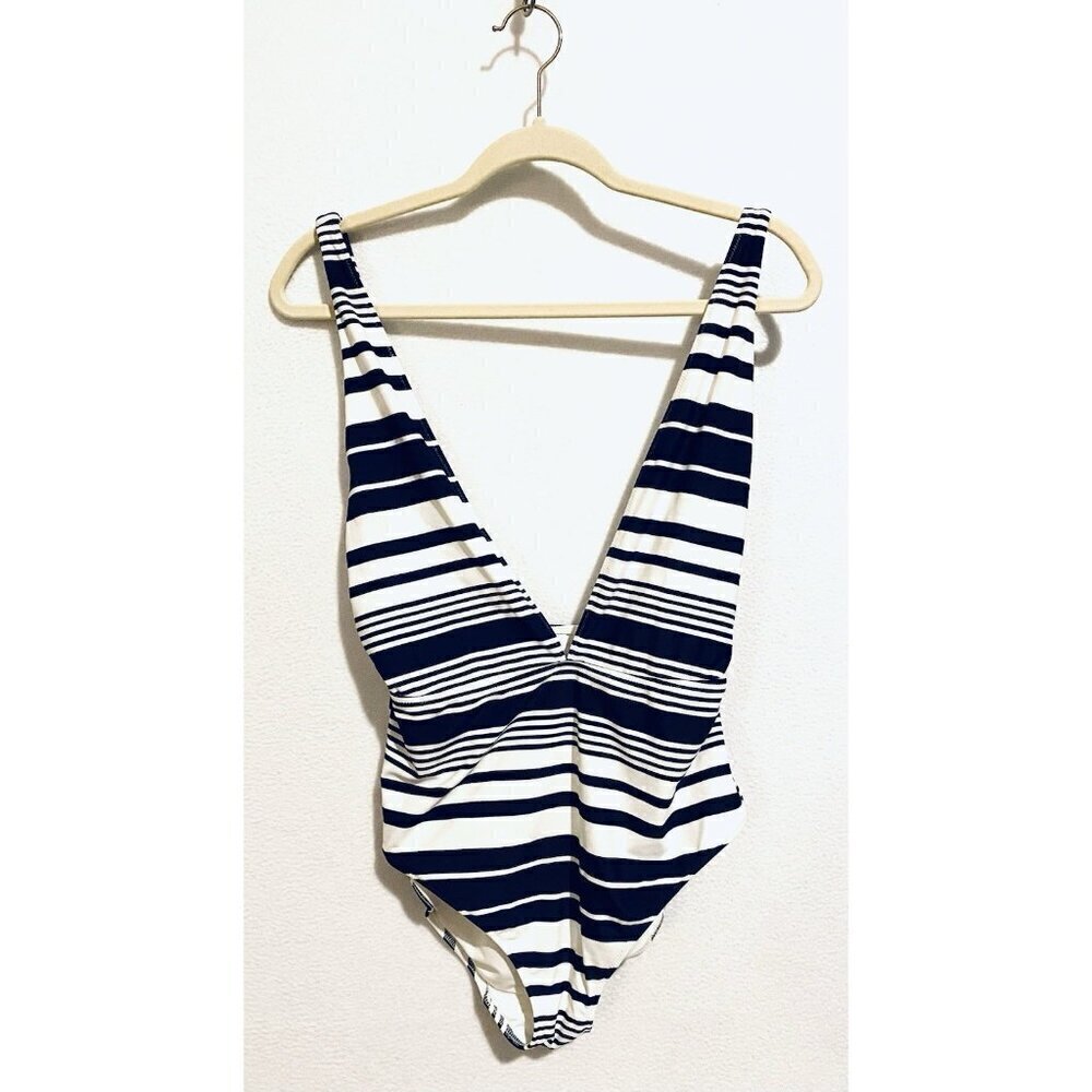 Aerie Swimwear Womens Large Navy Blue Striped One Piece Full Coverage Beachy